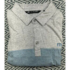 TravisMathew Mens Gray & Blue Striped Polo Shirt L Short Sleeve Cotton Blend